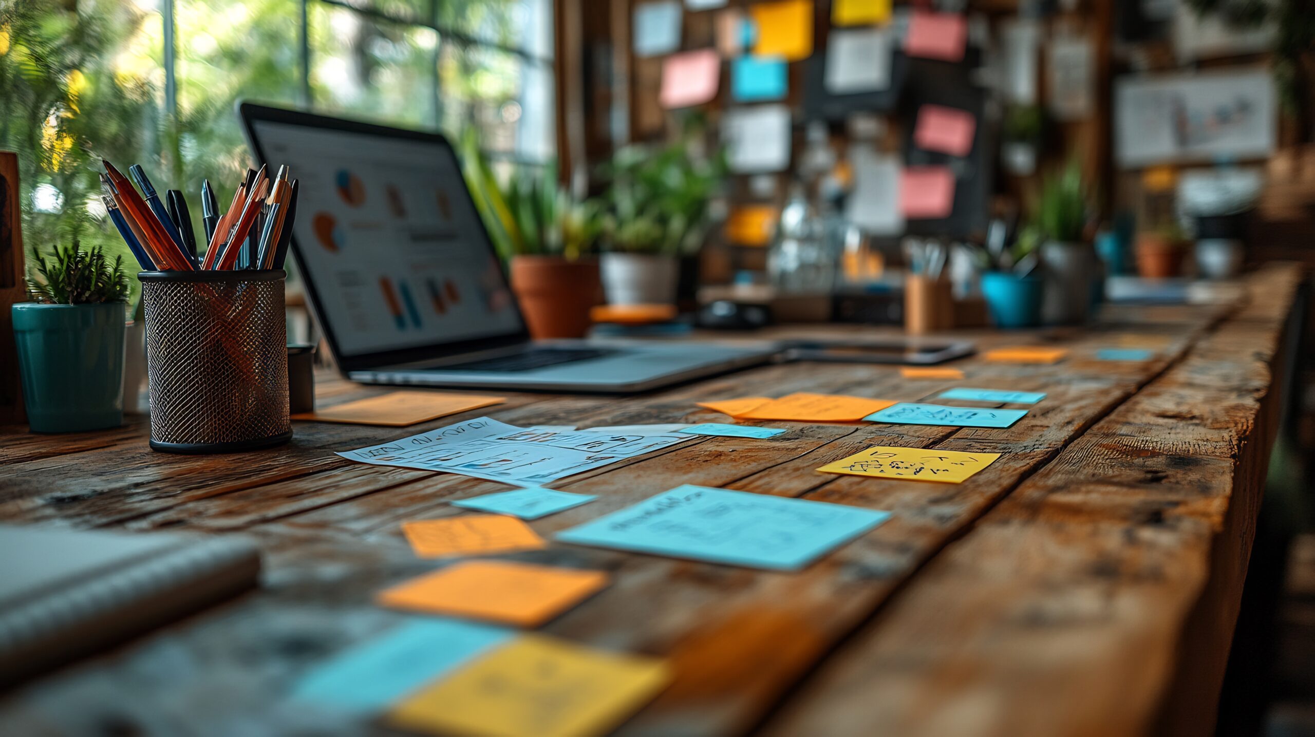 Creative workspace laptop sticky notes and diagrams showing the life of an entrepreneur building a startup planning innovative ideas and business strategies Dashboard Screenshot