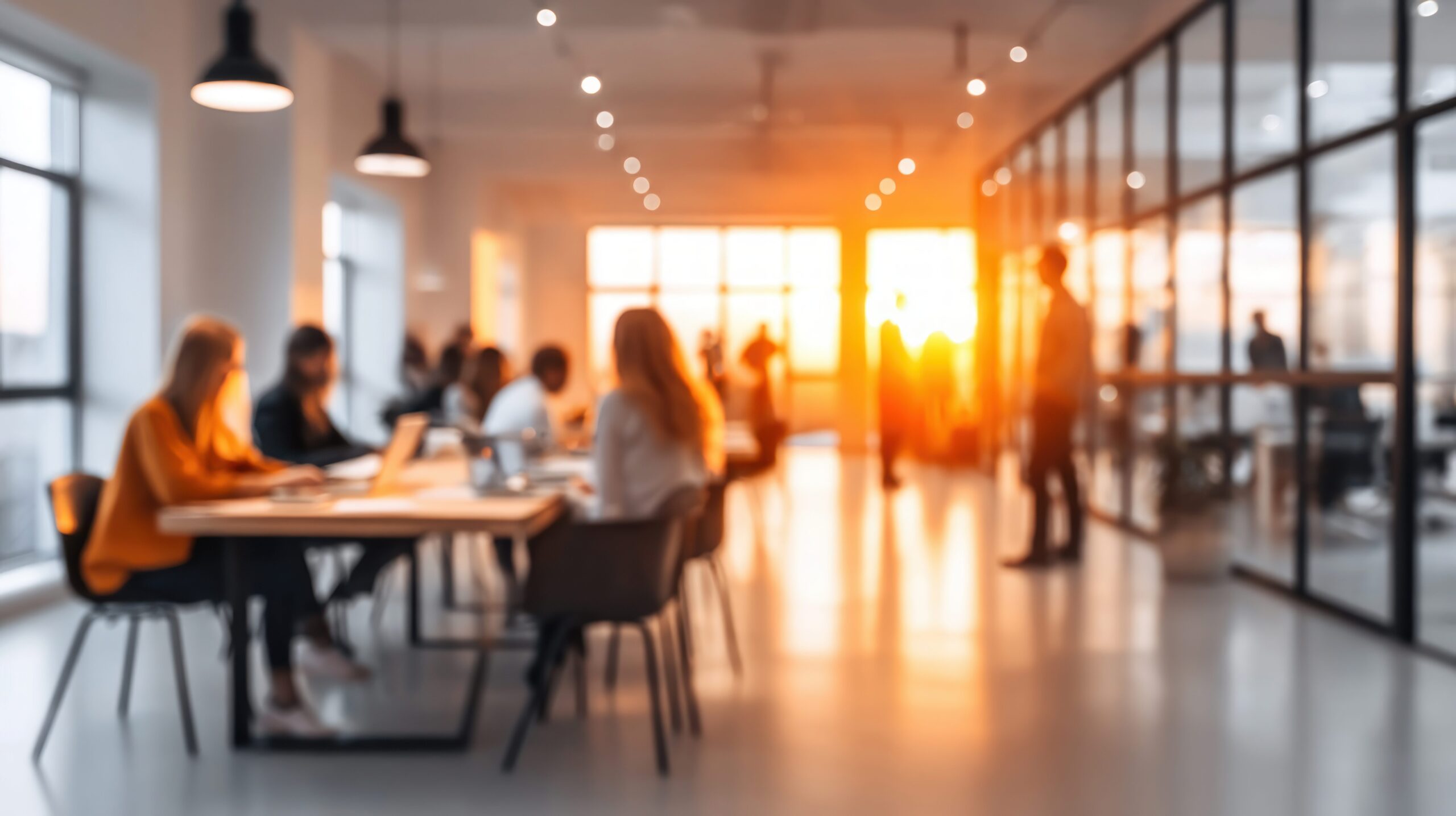 Blurred image of a modern office with employees working, bathed in warm sunlight during the day. Dashboard Screenshot